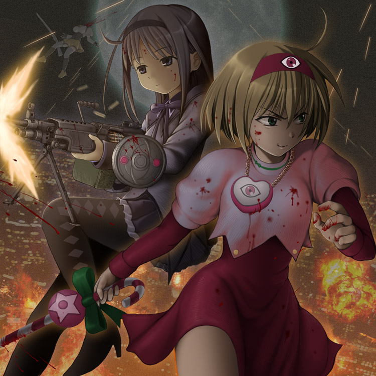 00s 10s 3girls akemi_homura akemi_homura_(magical_girl) bipod blood casing_ejection crossover dai_mahou_touge decapitation fire firing green_eyes gun light_machine_gun m249_saw machine_gun magical_girl magical_musket mahou_shoujo_madoka_magica mahou_shoujo_madoka_magica_(anime) mami_mogu_mogu multiple_girls muzzle_flash pantyhose shell_casing spoilers tanaka_punie tomoe_mami tomoe_mami_(magical_girl) touge_takanori wand weapon