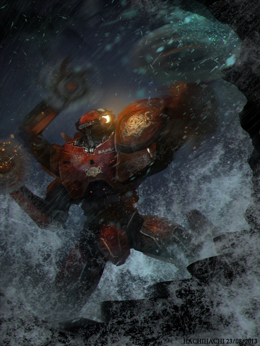 bad_id bad_pixiv_id battle bioluminescence blood blue_blood circular_saw colored_blood crimson_typhoon delant dragon eastern_dragon emblem extra_arms facial_hair fighting_stance glowing glowing_blood glowing_eye green_blood hachifuku highres jaeger_(pacific_rim) kaiju legendary_pictures light_particles mecha monster multicolored_blood mustache no_humans ocean otachi pacific_rim pan_pacific_defense_corps rain realistic robot saw science_fiction storm stormy_waters super_robot water waves