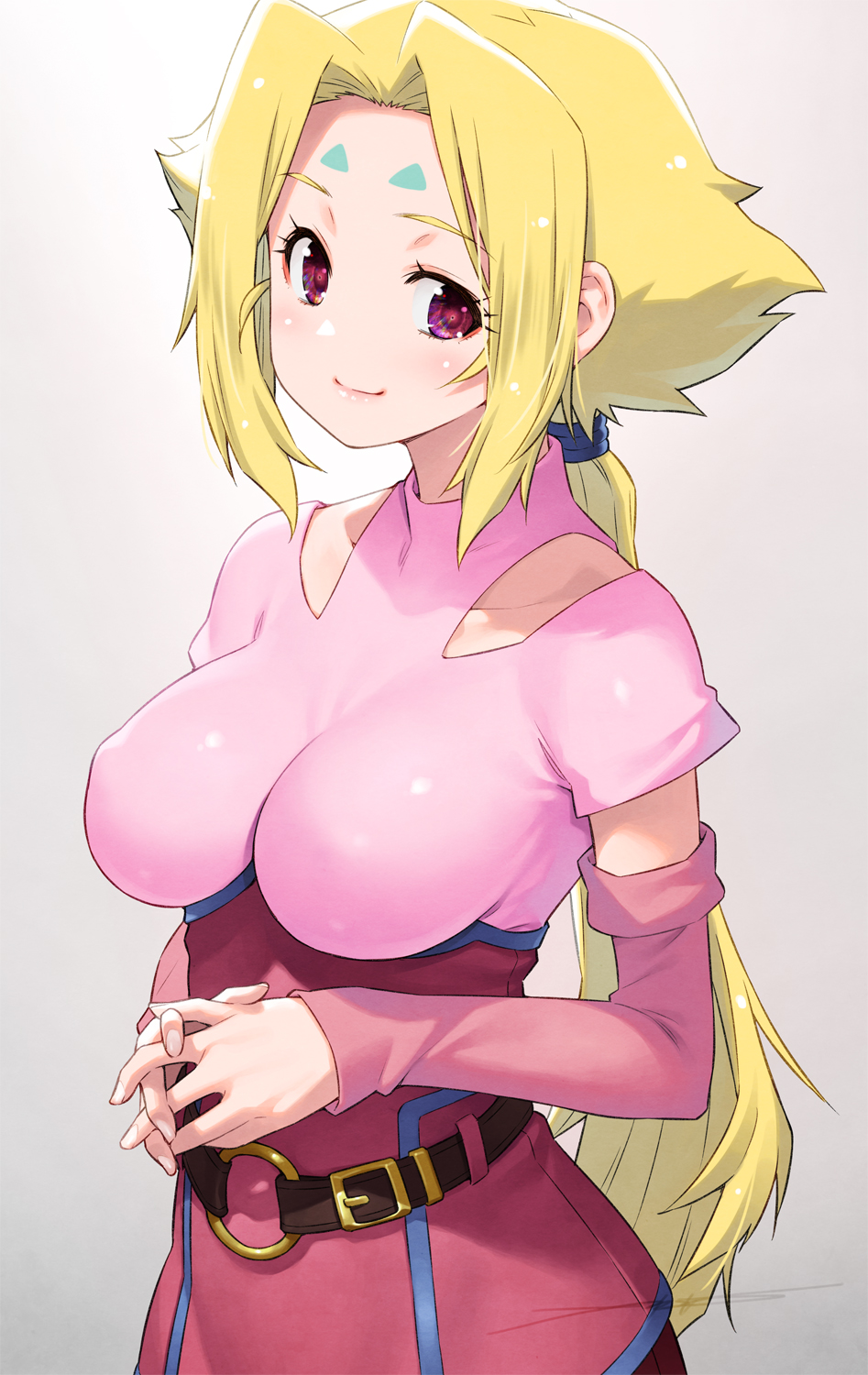 1girl belt blonde_hair blush breasts brown_belt closed_mouth collarbone detached_sleeves facial_mark fingernails fiona_(zoids) forehead_mark gradient_background grey_background highres kazuma_muramasa large_breasts long_hair looking_at_viewer pink_shirt pink_skirt ponytail red_eyes red_sleeves shirt simple_background skirt skirt_set smile solo zoids