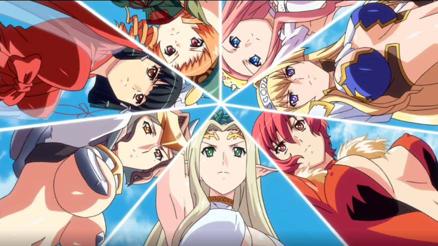 6+girls alicia_arctours anime_screenshot armor black_hair blonde_hair blue_eyes blue_sky breasts brown_eyes celestine_lucullus claudia_levantine cleavage determined drill_hair elf female_focus female_knight from_below green_eyes halfling kaguya_(kuroinu) kuroinu_~kedakaki_seijo_wa_hakudaku_ni_somaru~ long_hair maia_(kuroinu) multiple_girls orange_hair pink_hair pointy_ears prim_fiorire princess purple_eyes red_eyes red_hair revealing_armor revealing_clothes ruu_ruu short_hair sky tiara under_shot underboob