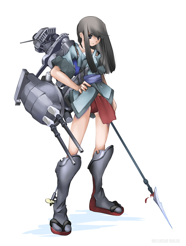 1girl battleship brown_hair english_text female_focus fundoshi gun hand_on_own_hip hip_focus imperial_japanese_navy japanese_clothes long_hair mecha_musume military military_vehicle mutsu_(battleship) nano_(nanosize) obi original polearm sash ship simple_background solo spear warship watercraft weapon world_war_ii
