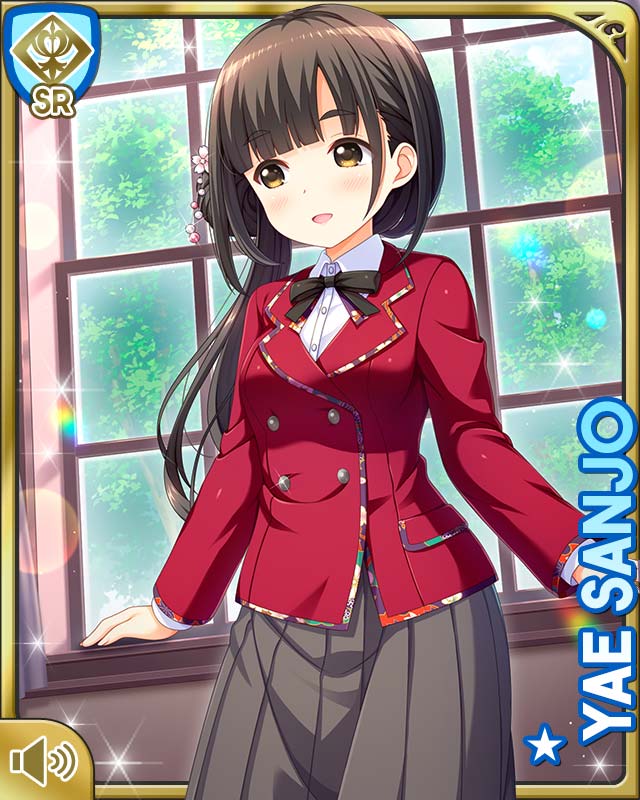 1girl :d bedroom black_hair black_neckwear black_pantyhose blazer bow bowtie card_(medium) day girlfriend_(kari) girlfriend_note grey_skirt indoors jacket long_hair long_skirt looking_at_viewer official_art open_mouth pantyhose pleated_skirt qp:flapper red_jacket sanjo_yae school_uniform shirt short_hair skirt smile standing tagme white_shirt yellow_eyes