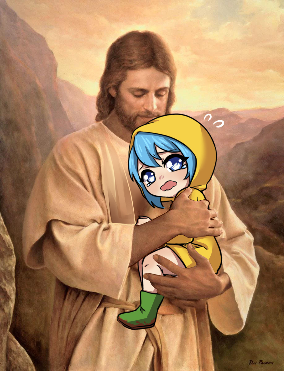 1boy 1girl beard blue_eyes blue_hair boots brown_hair carrying carrying_person closed_eyes facial_hair fine_art_parody flying_sweatdrops green_boots highres jesus jubilee_2025 korzynka_persykiv long_hair lost_lamb luce_(jubilee_2025) open_mouth parody raincoat robe short_hair symbol-shaped_pupils tearing_up tears the_bible wavy_mouth white_robe wide_sleeves yellow_raincoat
