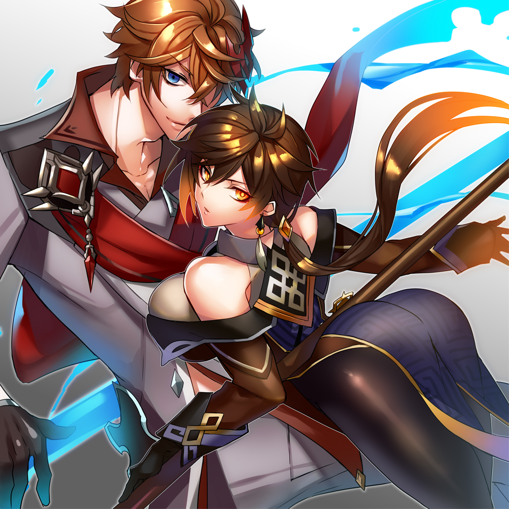 1boy 1girl bare_shoulders black_pantyhose breasts brown_hair closed_mouth collarbone commentary_request earrings eyeliner eyeshadow genderswap genderswap_(mtf) genshin_impact gloves gradient_hair hair_between_eyes hair_tie holding holding_polearm holding_spear holding_weapon jacket unworn_jacket jewelry kaneaki_mukku large_breasts liquid_weapon long_hair long_sleeves makeup mask mask_on_head multicolored_hair one_eye_covered open_mouth orange_hair pantyhose polearm red_eyeshadow scarf simple_background single_earring smile spear tartaglia_(genshin_impact) tassel tassel_earrings vision_(genshin_impact) weapon yellow_eyes zhongli_(genshin_impact)