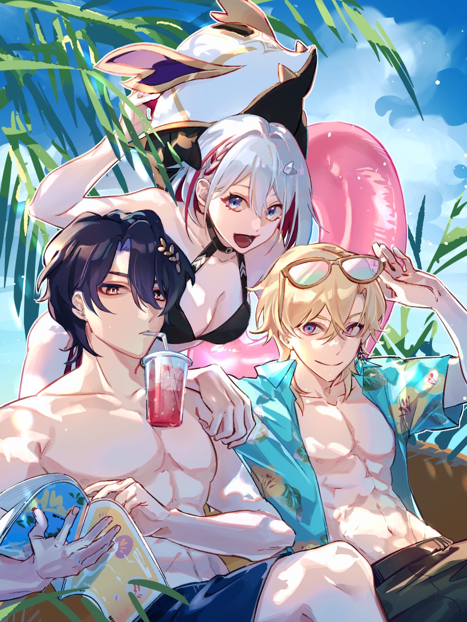 1girl 2boys abs adjusting_eyewear arm_on_another&#039;s_shoulder arm_up aventurine_(honkai:_star_rail) behind_another belt bent_over bikini blonde_hair blue_eyes breasts bubble_tea_challenge closed_mouth crossed_bangs cup dappled_sunlight day disposable_cup dr._ratio_(honkai:_star_rail) drink drinking_straw drinking_straw_in_mouth earrings eyewear_lift eyewear_on_head grey_hair hair_between_eyes hair_ornament halterneck hand_on_eyewear highres holding holding_magazine holding_swim_ring honkai:_star_rail honkai_(series) innertube jewelry leaning_back looking_at_viewer magazine_(object) male_swimwear medium_breasts medium_hair multicolored_eyes multicolored_hair multiple_boys navel no_nipples numby_(honkai:_star_rail) object_on_pectorals open_clothes open_mouth open_shirt outdoors pants pectorals purple_hair red_hair shirt shishamo_(4731) short_hair single_earring sitting sky smile standing stomach sunglasses sunlight swim_ring swimsuit toned toned_male topaz_(honkai:_star_rail) trotter_(honkai:_star_rail) two-tone_hair