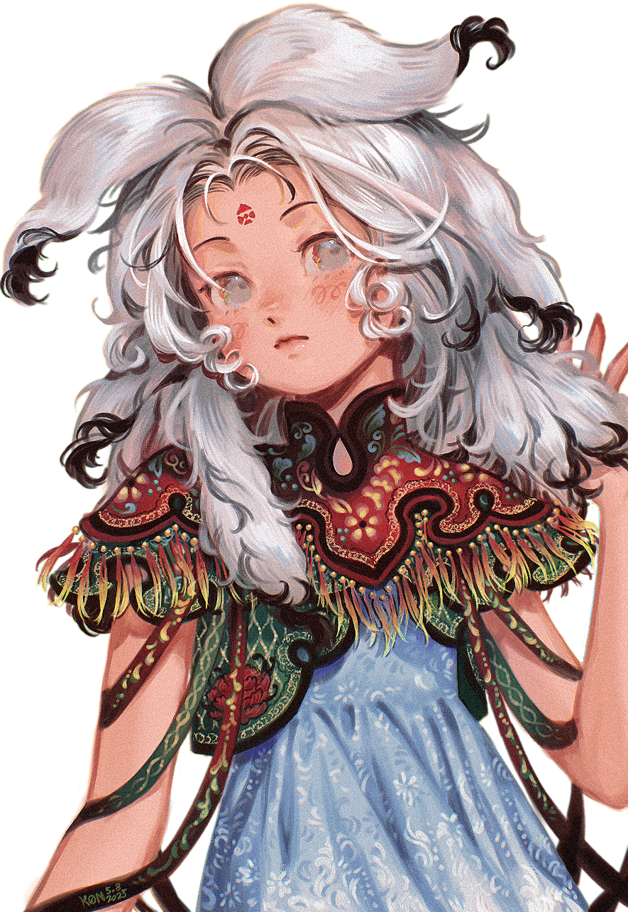 1girl adapted_costume blush closed_mouth colored_tips curtained_hair dated dress expressionless facial_mark forehead_mark fossilized_wonders fringe-trimmed_capelet fringe_trim grey_eyes hand_up head_tilt highres houjuu_chimi k0nfette long_hair looking_to_the_side multicolored_hair raised_eyebrows ribbon signature simple_background solo touhou two-tone_hair upper_body white_background