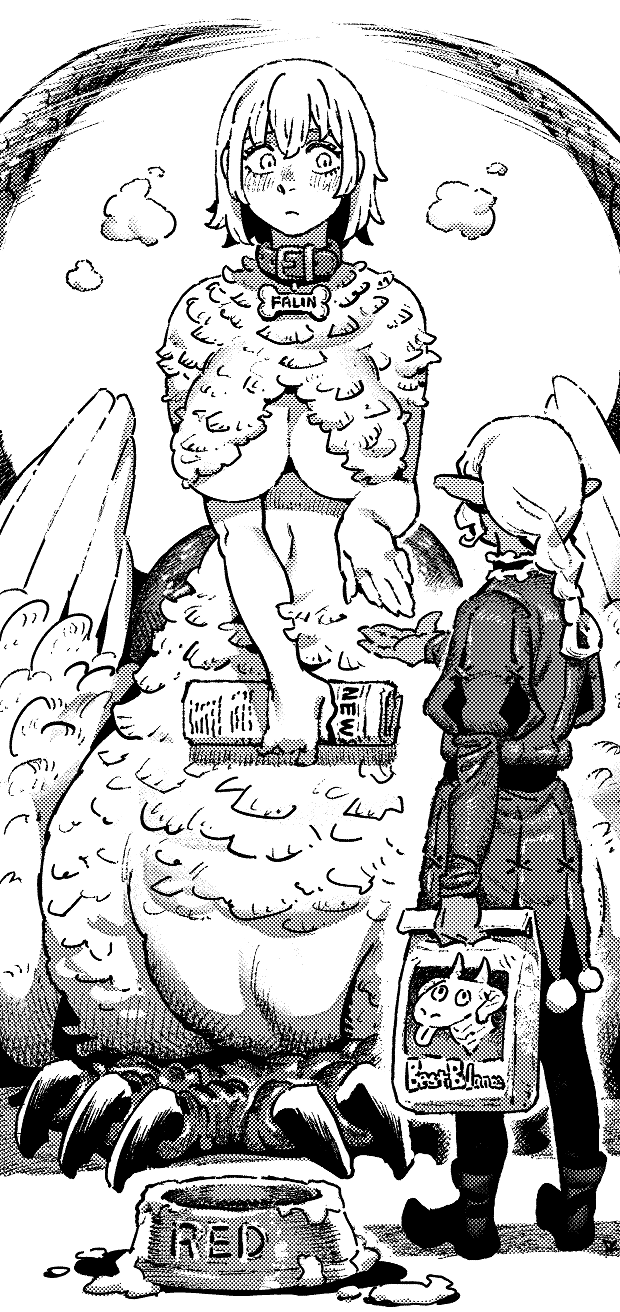 1boy 1girl animal_collar bowl braid breasts character_name chimera collar dark-skinned_male dark_skin dragon_claw dragon_girl dungeon_meshi elf falin_touden falin_touden_(chimera) feathered_wings feathers greyscale highres holding holding_newspaper ireading jester_costume large_breasts light_blush long_hair medium_hair monochrome monster_girl name_tag newspaper pet_bowl pet_food pointy_ears pointy_footwear rolled_up_newspaper single_braid spoilers tail tail_wagging thistle_(dungeon_meshi) white_background wings
