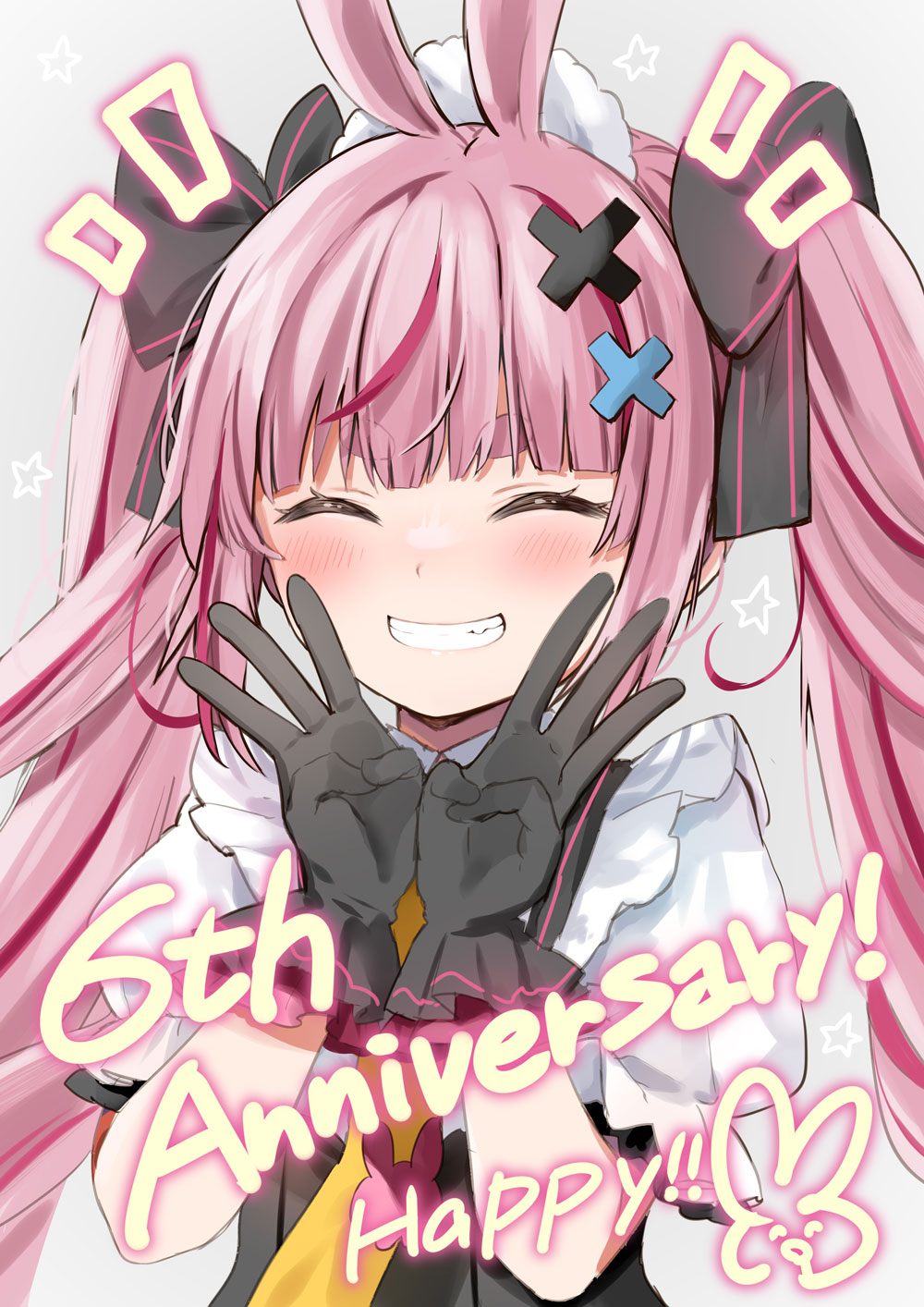 1girl ^_^ animal_ears anniversary black_bow black_gloves blush bow closed_eyes commentary_request double_w facing_viewer gloves grey_background grin hair_bow hair_ornament hands_up highres indie_virtual_youtuber long_hair multicolored_hair natsume_eri necktie notice_lines pink_hair puffy_short_sleeves puffy_sleeves purple_hair rabbit_ears shirt short_sleeves simple_background smile solo star_(symbol) star_symbol_background streaked_hair tomari_mari twintails very_long_hair virtual_youtuber w white_shirt x_hair_ornament yellow_necktie