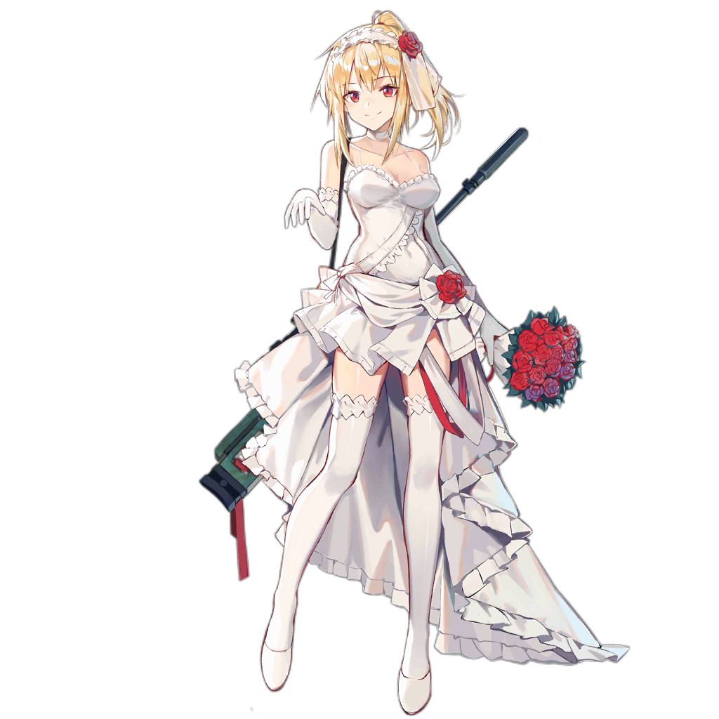 1girl bare_shoulders blonde_hair bolt_action bouquet breasts choker cleavage closed_mouth collarbone dress elbow_gloves flower full_body girls&#039;_frontline gloves gun hair_flower hair_ornament hairband holding holding_bouquet huanxiang_heitu long_hair looking_at_viewer medium_breasts official_alternate_costume official_art ponytail red_eyes red_flower red_rose rifle rose shoes smile sniper_rifle solo standing suppressor sv-98 sv-98_(girls&#039;_frontline) sv-98_(pierce_your_heart!)_(girls&#039;_frontline) thighhighs transparent_background weapon weapon_on_back wedding_dress white_choker white_gloves white_shoes white_thighhighs