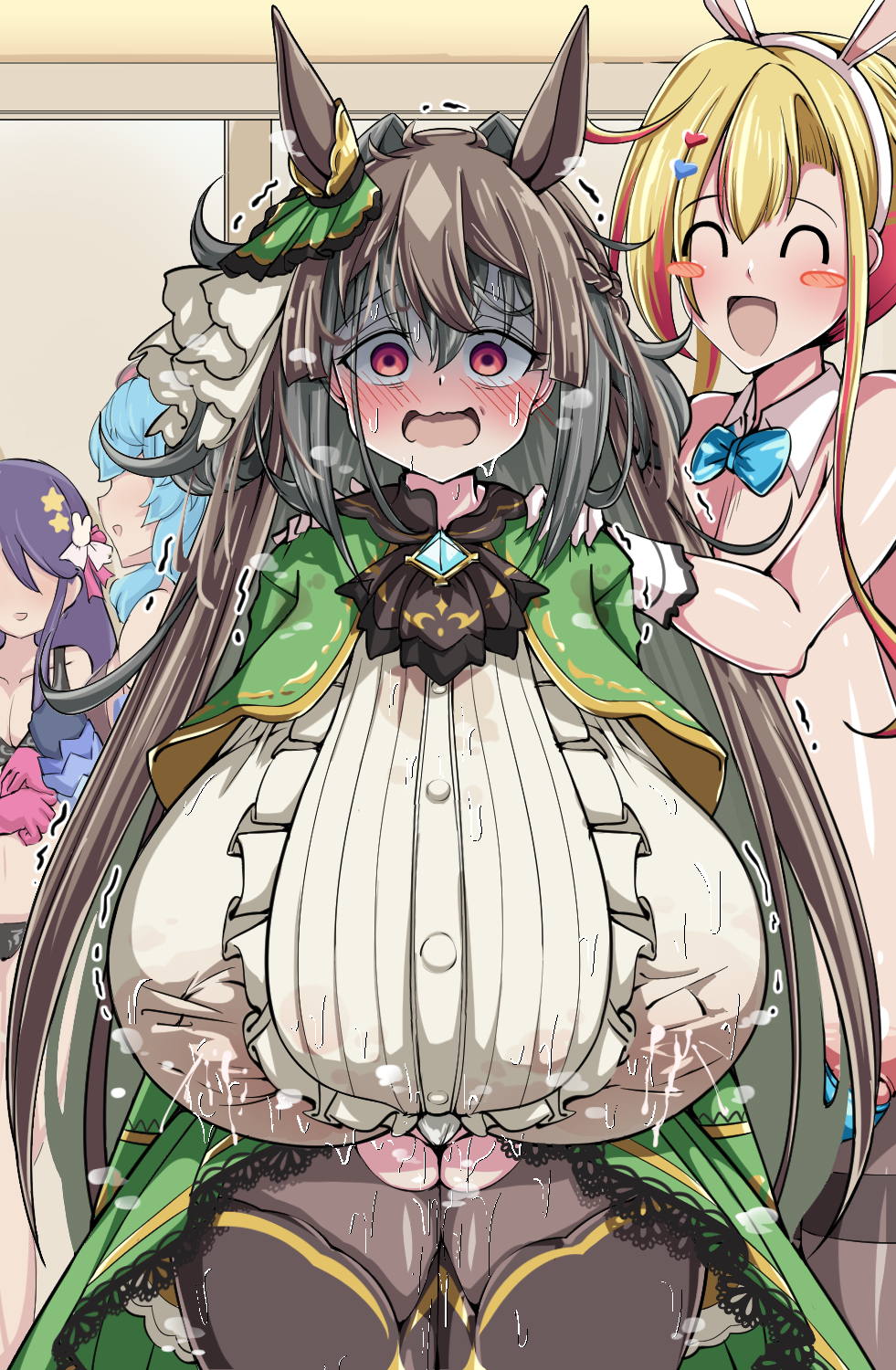 4girls bare_shoulders black_thighhighs blonde_hair blush breasts brown_hair character_request corset cosplay covered_erect_nipples cropped_jacket detached_collar embarrassed ganyu_(genshin_impact) ganyu_(genshin_impact)_(cosplay) gloves green_jacket green_skirt hair_between_eyes hair_intakes highres huge_breasts jacket lactation leotard motion_lines multiple_girls nipple_slip nipples original playboy_bunny purple_hair red_eyes satono_diamond_(umamusume) satono_diamond_(umamusume)_(cosplay) scaf295 scafko_(scaf295) shaded_face skirt tagme thick_thighs thighhighs thighs umamusume wavy_mouth white_gloves