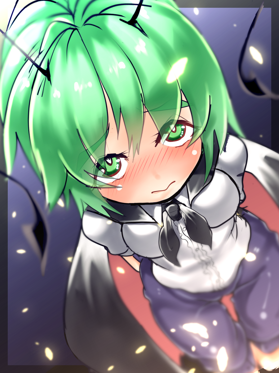 1girl antennae arms_behind_back black_cape blush breasts cape closed_mouth collared_shirt commentary_request cowboy_shot green_eyes green_hair highres long_sleeves looking_at_viewer medium_breasts nose_blush pants purple_background purple_pants red_cape shirt short_hair smile solo touhou two-sided_cape two-sided_fabric unimamo white_shirt wriggle_nightbug