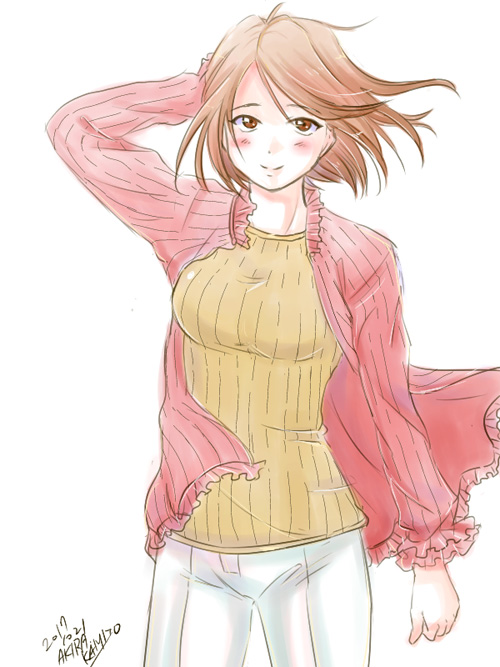 1girl arm_behind_head blush brown_eyes brown_hair commentary_request dated female_focus fujieda_kaede heppoko_kamijou_akira jacket looking_at_viewer pants ribbed_sweater sakura_taisen sakura_taisen_ii short_hair signature sketch smile solo sweater white_background