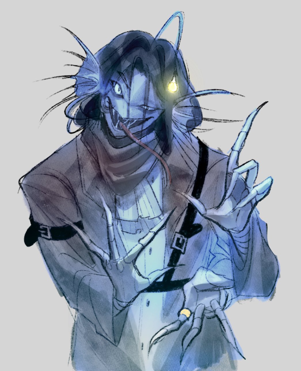 1boy :d anglerfish_boy belt black_hair blue_eyes catnip_cataria cowboy_shot curtained_hair extra_arms fins frills glowing glowing_eyes half-closed_eye head_fins head_tilt highres long_tongue looking_at_viewer male_focus open_mouth pinky_ring pressure_(roblox) scarf sebastian_solace sharp_teeth shirt short_hair smile solo spread_fingers teeth tongue tongue_out very_long_tongue white_shirt