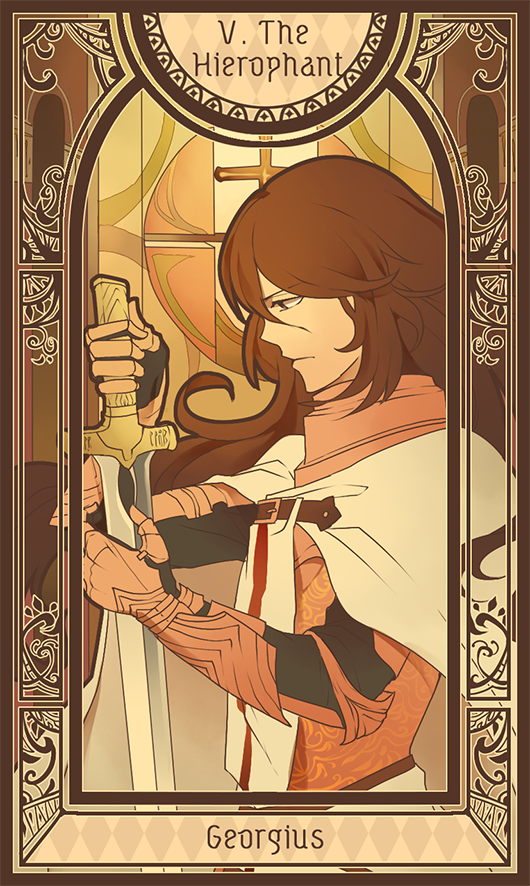 1boy armor bad_id bad_pixiv_id brown_hair cape card_(medium) fate/apocrypha fate/grand_order fate_(series) georgios_(fate) heru_(goldprin) long_hair male_focus solo st._george_(fate/apocrypha) sword tarot tarot_(medium) the_hierophant_(tarot) weapon