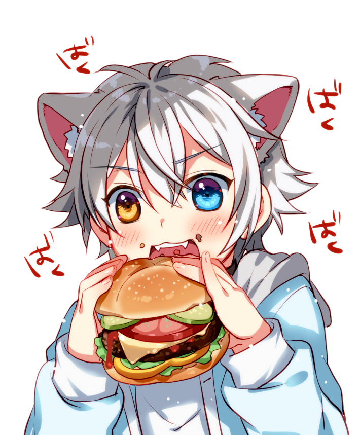 1boy animal_ear_fluff animal_ears burger cat_boy cat_ears commentary eating english_commentary food ginjiro_(ginziro525) ginjiro_(vtuber) hair_between_eyes heterochromia holding holding_food indie_virtual_youtuber male_focus meal silver_hair teeth virtual_youtuber white_background