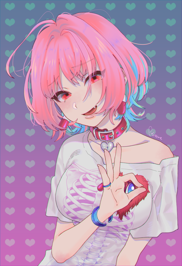 1girl abstract_background ahoge arm_at_side artist_name blue_hair bracelet breasts collar doku_tissue_o_taberuna earrings fang female_focus fingernails hair_intakes hand_up heart heart-shaped_lock heart_background heart_pattern heart_pendant idolmaster idolmaster_cinderella_girls jewelry lips looking_at_viewer medium_breasts multicolored_hair off_shoulder ok_sign pill pill_earrings pink_hair pinky_ring red_collar red_eyes ring shirt short_hair short_sleeves signature skeleton_print solo t-shirt two-tone_hair upper_body white_shirt yumemi_riamu