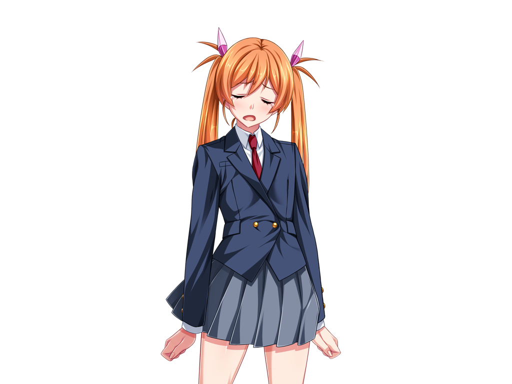 1girl blazer blue_jacket blush buttons clenched_hands closed_eyes cowboy_shot game_cg gentle_sasaki grey_skirt hair_ribbon jacket large_variant_set long_hair long_sleeves necktie non-web_source official_art open_mouth orange_hair pink_ribbon pleated_skirt red_necktie ribbon school_uniform shindou_hikari shirt skirt solo soukou_senki_prism_reica soukou_senki_prism_shine standing transparent_background twintails variant_set