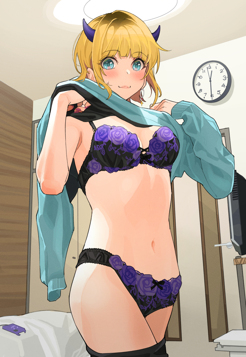 1girl :3 aqua_eyes aqua_shirt bed bedroom blonde_hair blush bra breasts ceiling_light cleavage clock clothes_lift commentary_request demon_horns door embroidered_bra highres horns indoors lifting_own_clothes lingerie long_sleeves looking_at_viewer medium_breasts mem-cho nail_polish navel oshi_no_ko shirt shirt_lift short_hair smile television tipii two-tone_bra two-tone_panties underwear undressing