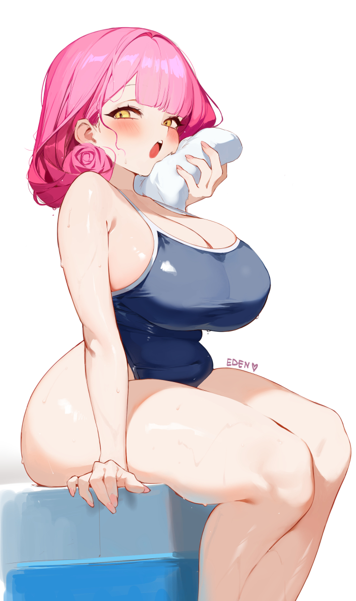 1girl arm_support artist_name bare_shoulders belly blue_one-piece_swimsuit blunt_bangs blush breasts cleavage commentary covered_navel eden_(shiroki_yuutsu) english_commentary fingernails holding holding_towel huge_breasts large_breasts long_fingernails looking_at_viewer medium_hair one-piece_swimsuit open_mouth original pink_hair pink_nails plump poolside school_swimsuit shiny_skin simple_background sitting solo swimsuit teeth thick_thighs thighs towel towel_on_face upper_teeth_only vanilla_(eden_(shiroki_yuutsu)) wet wet_hair white_background yellow_eyes
