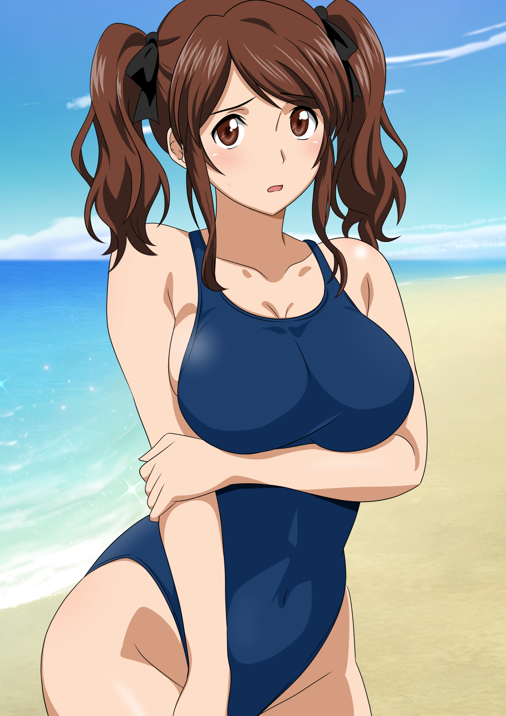 1girl amagami beach black_ribbon blue_one-piece_swimsuit blue_sky breasts brown_eyes brown_hair cleavage cloud covered_navel cowboy_shot day hair_ribbon highres horizon large_breasts long_hair nakata_sae new_school_swimsuit ocean one-piece_swimsuit outdoors ribbon school_swimsuit sky solo swimsuit twintails yuuyuu_(3jjbn)