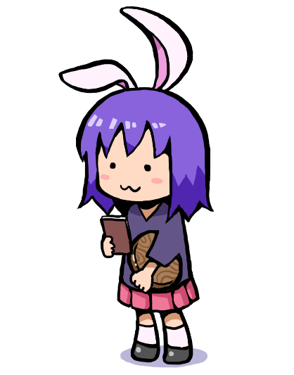 1girl :3 animal_ears black_shoes bseibutsu chibi chibi_only closed_mouth commentary_request cookie_(touhou) fake_hisui_(cookie) full_body grey_shirt holding holding_notepad holding_tray notepad pink_skirt pleated_skirt purple_hair rabbit_ears rabbit_girl reisen_udongein_inaba shirt shoes short_hair simple_background skirt smile socks solid_circle_eyes solo standing touhou transparent_background tray white_socks