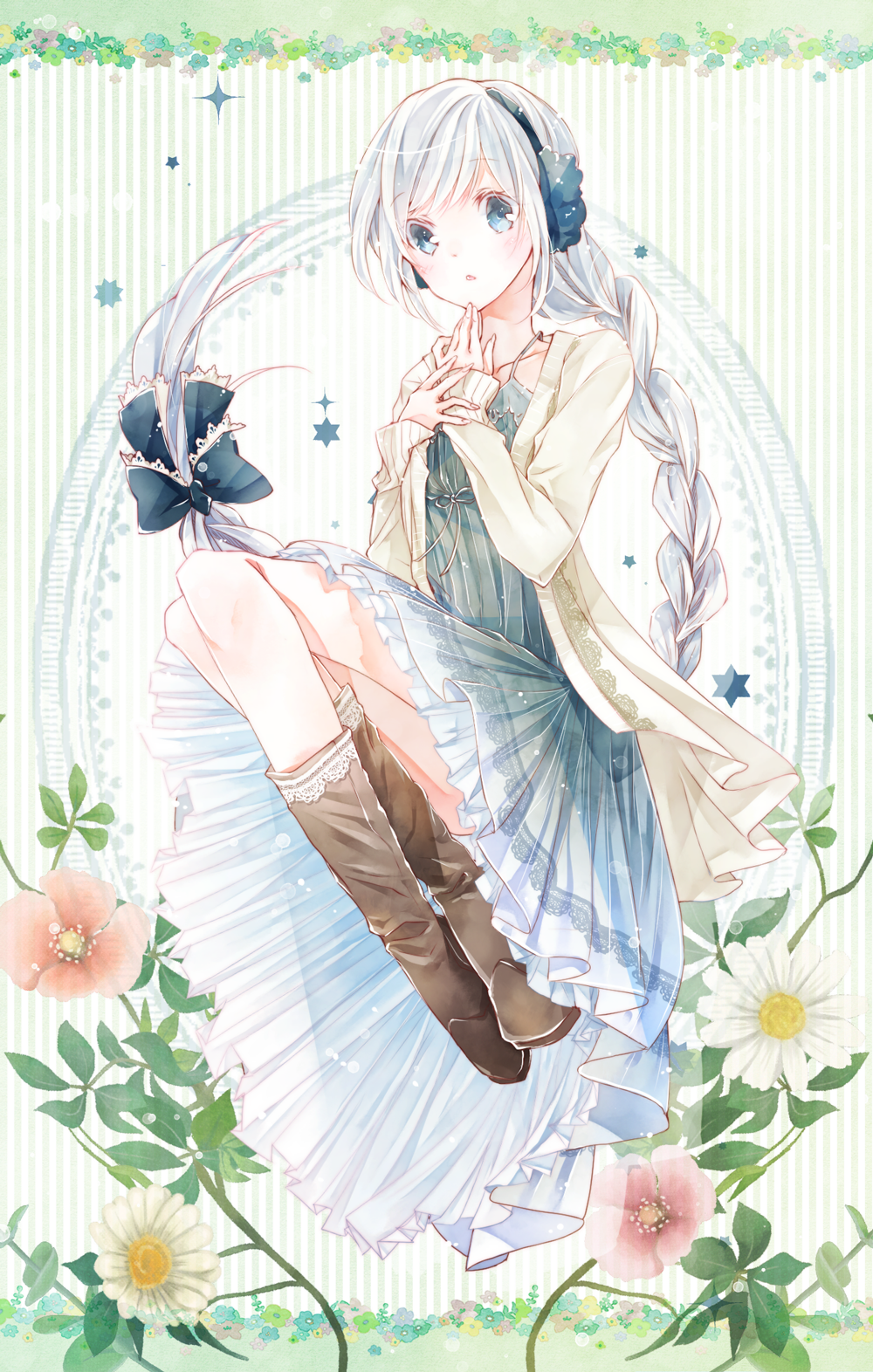 1girl blue_eyes boots bow braid cardigan commentary_request crossed_ankles dress earmuffs flower full_body grey_hair hair_bow highres long_hair open_cardigan open_clothes parted_lips sekka_yufu sleeveless sleeveless_dress solo spaghetti_strap striped_background utau very_long_hair yumebanchi07