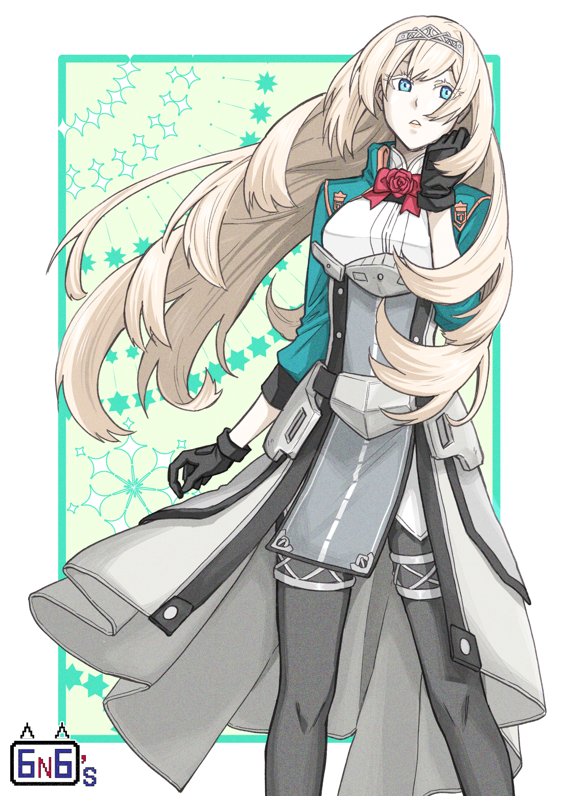 1girl black_gloves black_pantyhose blonde_hair blue_eyes breasts cropped_jacket flower gloves green_jacket hair_between_eyes highres jacket kantai_collection long_hair long_sleeves medium_breasts military_uniform munmu-san pantyhose red_flower red_rose rose solo standing tiara very_long_hair victorious_(kancolle)