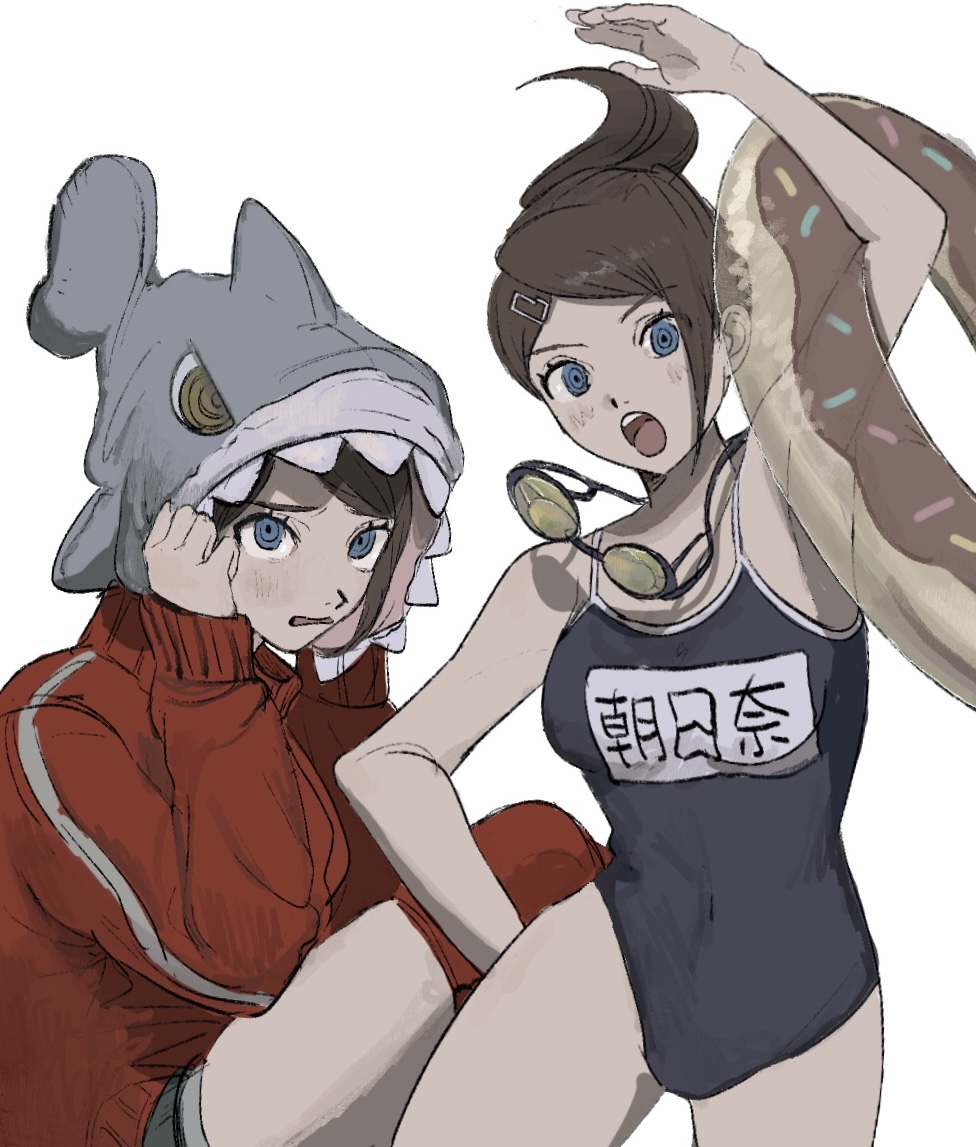 1girl animal_hood arm_up armpits asahina_aoi blue_eyes blush breasts brown_hair danganronpa:_trigger_happy_havoc danganronpa_(series) dark-skinned_female dark_skin diving_mask donut_print food_print goggles hair_ornament hairclip hood innertube jacket large_breasts open_mouth ponytail red_jacket sema_(vivaviva_02) shark_hood short_hair swim_ring translation_request