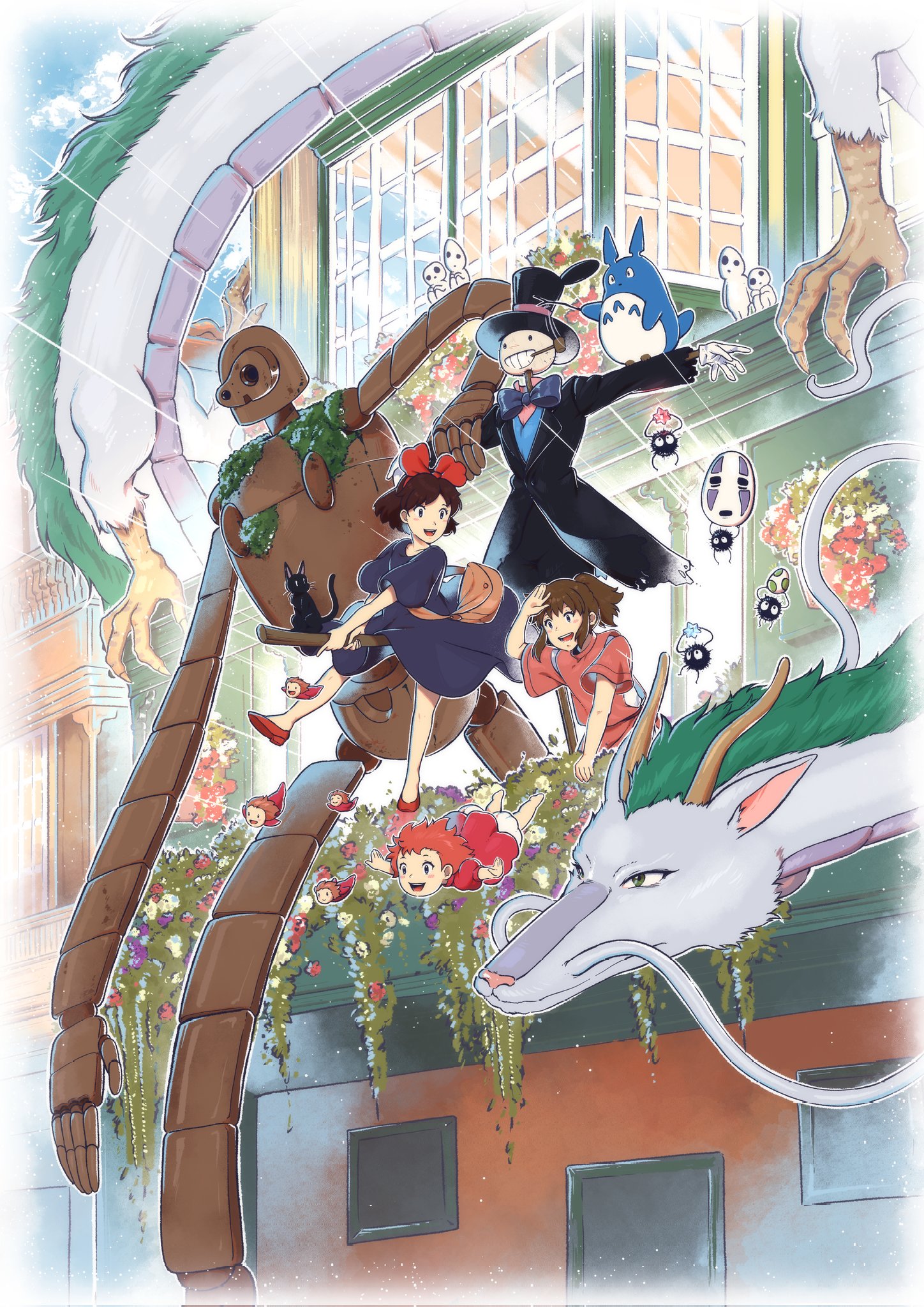 1boy 3girls 6+others black_cat black_hair black_headwear black_jacket blue_bow blue_bowtie blue_dress bow bowtie broom broom_riding brown_bag brown_hair building cat crossover day dragon dress gake_no_ue_no_ponyo gloves haku_(sen_to_chihiro_no_kamikakushi) hat highres howl_no_ugoku_shiro jacket jiji_(majo_no_takkyuubin) kaonashi kiki_(majo_no_takkyuubin) laputa_robot majo_no_takkyuubin multiple_girls multiple_others ogino_chihiro open_mouth orange_hair outdoors pipe_in_mouth ponyo ponyo_sisters ponytail prince_justin red_footwear red_shirt robot saiwo_(saiwoproject) sen_to_chihiro_no_kamikakushi shirt shoes short_hair smoking_pipe studio_ghibli susuwatari tenkuu_no_shiro_laputa tonari_no_totoro top_hat totoro white_gloves