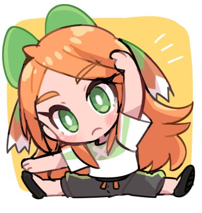1girl black_shoes bow chibi chibi_only closed_mouth etie_(fire_emblem) fire_emblem fire_emblem_engage frown full_body green_bow green_eyes hair_bow long_hair looking_at_viewer lowres nintendo official_alternate_costume orange_hair shoes short_sleeves solo stretching tamatamariso85 training_outfit_(fire_emblem_engage)
