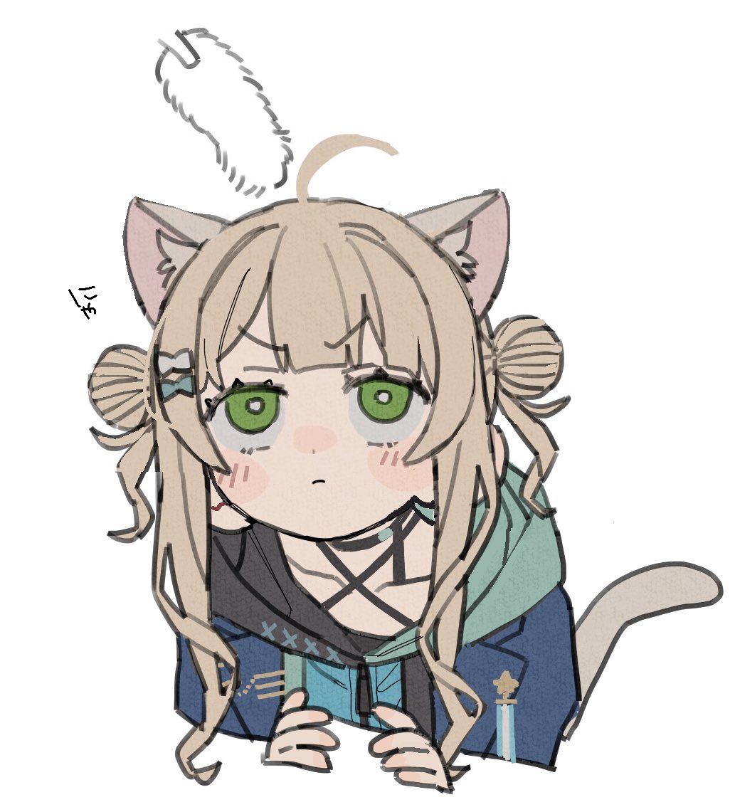1girl animal_ears cat_ears cat_girl cat_tail dayama double_bun green_eyes hair_bun hood hood_down kaburaki_roco nijisanji tail virtual_youtuber