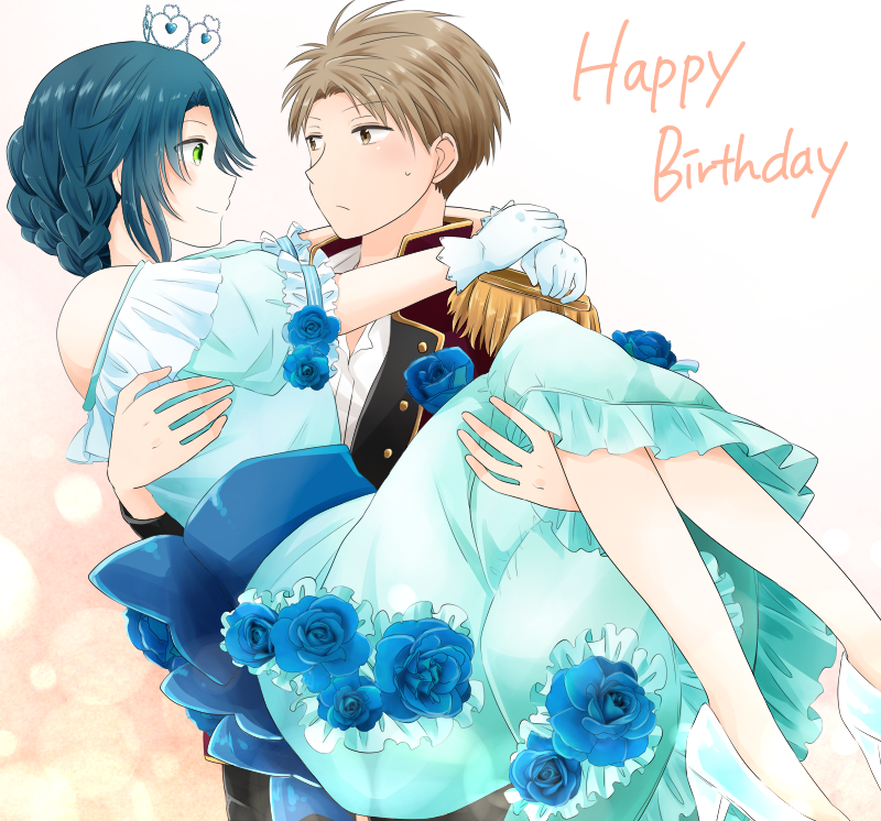 1boy 1girl alternate_hairstyle arms_around_neck blue_flower blue_hair blue_rose braid breasts brown_eyes brown_hair carrying dress epaulettes flower gekkan_shoujo_nozaki-kun gloves green_dress green_eyes happy_birthday hetero high_heels hori_masayuki kashima_yuu kosuke_(pixiv2100845) off-shoulder_dress off_shoulder princess_carry rose small_breasts smile white_gloves