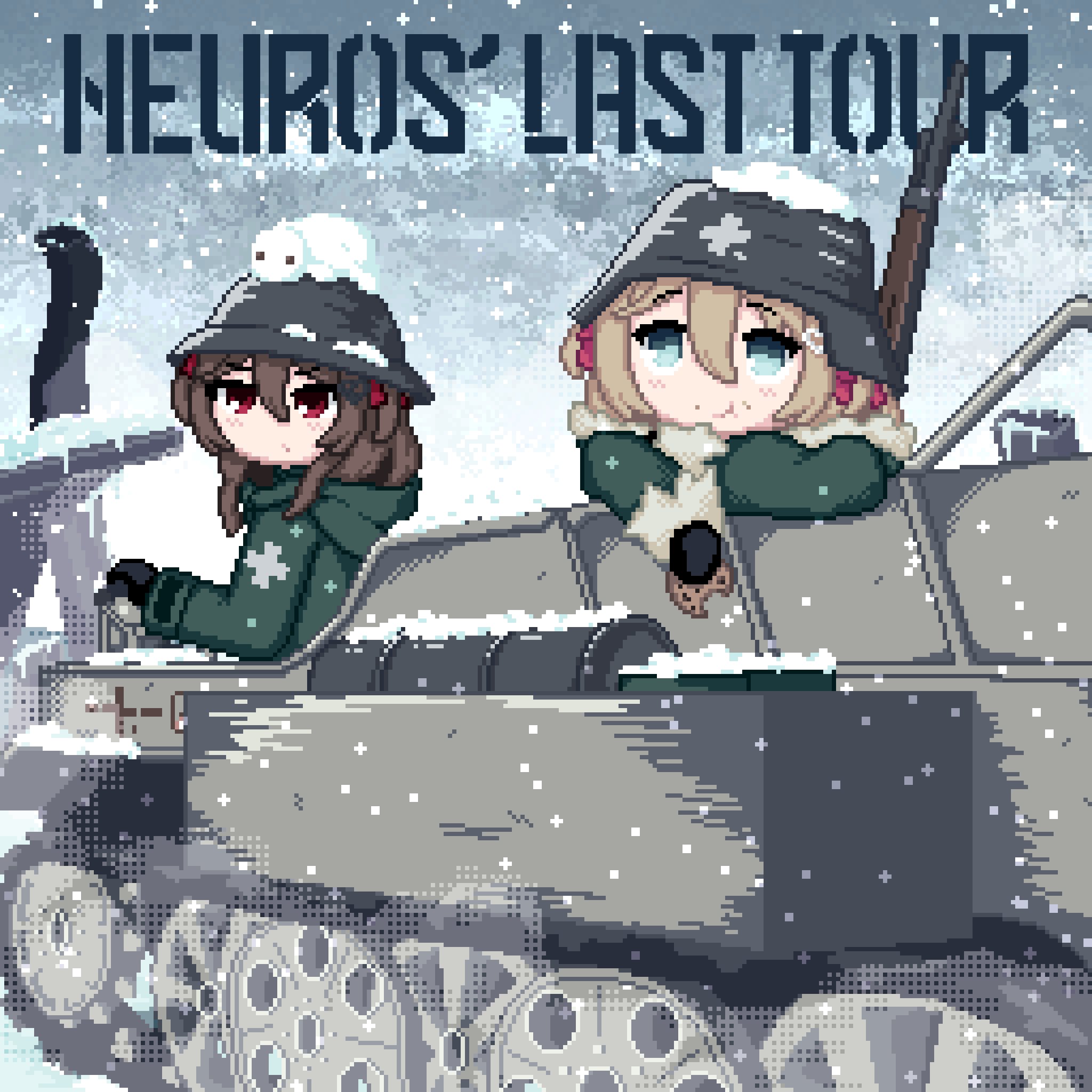 2girls alternate_costume black_gloves blue_eyes blush brodie_helmet broken_heart_hair_ornament brown_hair character_name closed_mouth combat_helmet commentary cookie cross drum_(container) eating english_commentary english_text evil_neuro-sama fog food fur-trimmed_jacket fur-trimmed_sleeves fur_trim gloves greek_cross green_jacket gun hair_between_eyes hair_ornament hair_ribbon hairclip half-track heart heart_hair_ornament helmet highres holding holding_cookie holding_food hood hood_down hooded_jacket icicle jacket kettenkrad long_sleeves medium_hair military_jacket military_uniform military_vehicle motor_vehicle mrnorman multiple_girls neuro-sama outdoors parody pixel_art raised_eyebrows red_eyes red_ribbon ribbon rifle short_hair shoujo_shuumatsu_ryokou smile snow snowing stahlhelm two_side_up v-shaped_eyebrows vedal_ai virtual_youtuber weapon weapon_on_back winter