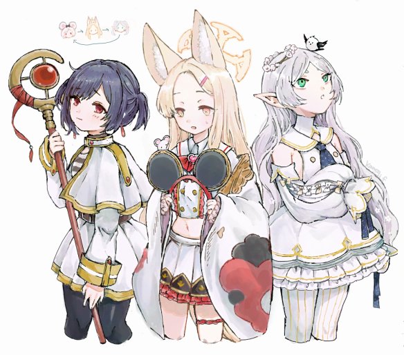 3girls animal animal_ear_fluff animal_ear_hairband animal_ears animal_on_head belt bird bird_on_head black_hair black_necktie black_pantyhose blonde_hair blue_archive capelet commentary cosplay cross_halo detached_sleeves dress earrings elf fake_animal_ears fox_ears frieren frieren_(cosplay) frilled_dress frilled_skirt frills gamo_tako granblue_fantasy green_eyes grey_hair group_costume_switch hair_ornament hairband hairclip halo holding holding_hairband holding_staff jewelry long_hair long_sleeves midriff mouse_ears multiple_girls navel necktie on_head pantyhose parted_bangs pleated_skirt pointy_ears puffy_long_sleeves puffy_sleeves red_eyes red_hairband seia_(blue_archive) seia_(blue_archive)_(cosplay) short_hair simple_background skirt sousou_no_frieren staff tanezaki_atsumi thigh_strap two_side_up very_long_hair vikala_(granblue_fantasy) vikala_(granblue_fantasy)_(cosplay) voice_actor_connection white_background white_capelet white_dress wide_sleeves yellow_eyes yellow_halo