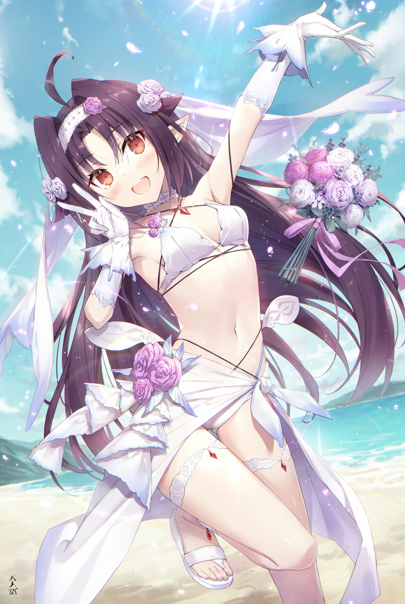 1girl :d ahoge arm_up beach blush bouquet bra breasts bridal_veil bride choker cleavage commentary_request fairy flower gabiran gloves gluteal_fold hair_flower hair_ornament hairband highres leg_up long_hair looking_at_viewer navel ocean open_mouth outdoors panties pointy_ears purple_hair red_eyes small_breasts smile solo sword_art_online thigh_gap underwear v veil very_long_hair white_bra white_choker white_gloves white_hairband white_panties yuuki_(sao)