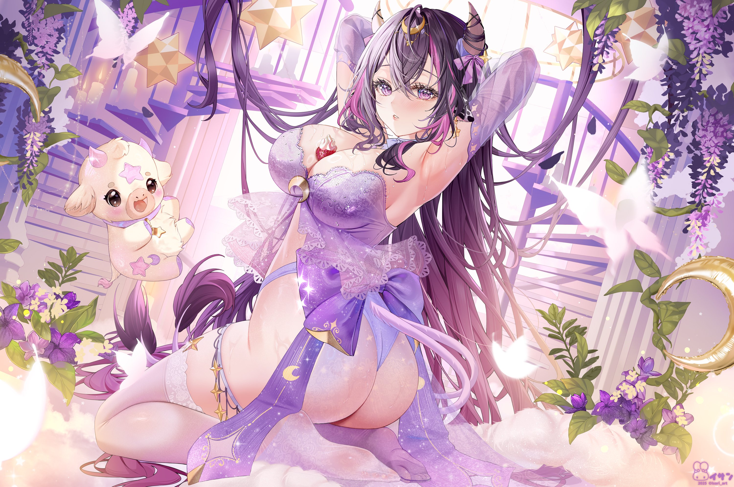 1girl animal_ears armpits arms_behind_head ass babydoll black_hair breasts commentary commission cow cow_ears cow_horns cow_tail cream crescent crescent_hair_ornament earrings flower food food_between_breasts fruit hair_ornament highres horns indie_virtual_youtuber isari_sensei jewelry long_hair moomi_star_(vtuber) multiple_tails pink_hair purple_babydoll purple_eyes purple_flower purple_ribbon ribbon solo stairs star_(symbol) star_earrings strawberry sweat tail thighhighs virtual_youtuber