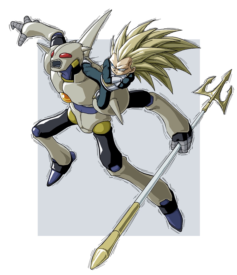 2boys battle blonde_hair blue_bodysuit bodysuit chibi crossed_arms dragon_ball dragon_ball_(object) dragon_ball_daima full_body green_eyes holding holding_polearm holding_weapon kicking long_hair male_focus multiple_boys n_(n14542698) no_eyebrows polearm saiyan_armor spiked_hair tamagami_number_2 trident vegeta weapon