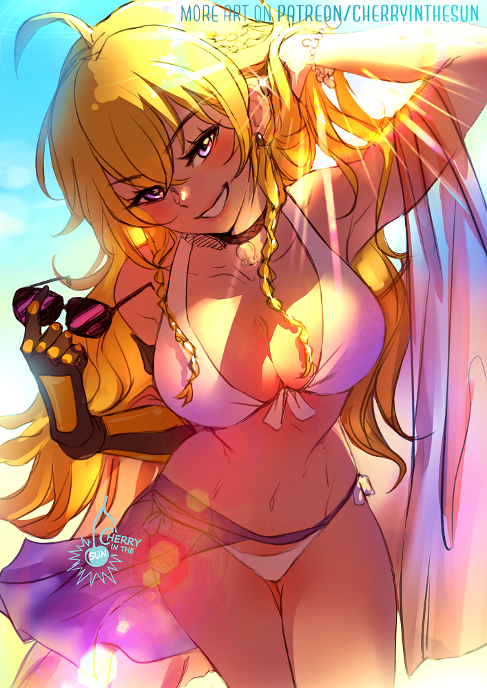 1girl ahoge arm_up artist_name blonde_hair blue_sky blush bracelet braid breasts cherry_in_the_sun choker cleavage collarbone commentary cowboy_shot earrings english_commentary english_text eyelashes glint grin hair_between_eyes hand_up holding holding_removed_eyewear jewelry large_breasts light_rays long_hair looking_at_viewer mechanical_arms navel open_mouth outdoors patreon_username purple_eyes purple_sarong rwby sarong signature single_mechanical_arm sky smile solo standing stomach sunbeam sunglasses sunlight twin_braids unworn_eyewear watermark web_address white_background yang_xiao_long