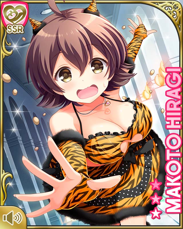 1girl ahoge black_bow bow breasts brown_eyes brown_hair card_(medium) character_name cleavage cleavage_cutout clothing_cutout cosplay day elbow_gloves female_focus frontal_view girlfriend_(kari) gloves heart_cutout hiragi_makoto_(girlfriend_(kari)) horns midriff navel official_art oni oni_horns open_mouth orange_gloves orange_shirt orange_skirt outdoors panic qp:flapper shirt short_hair skirt solo sunlight tagme