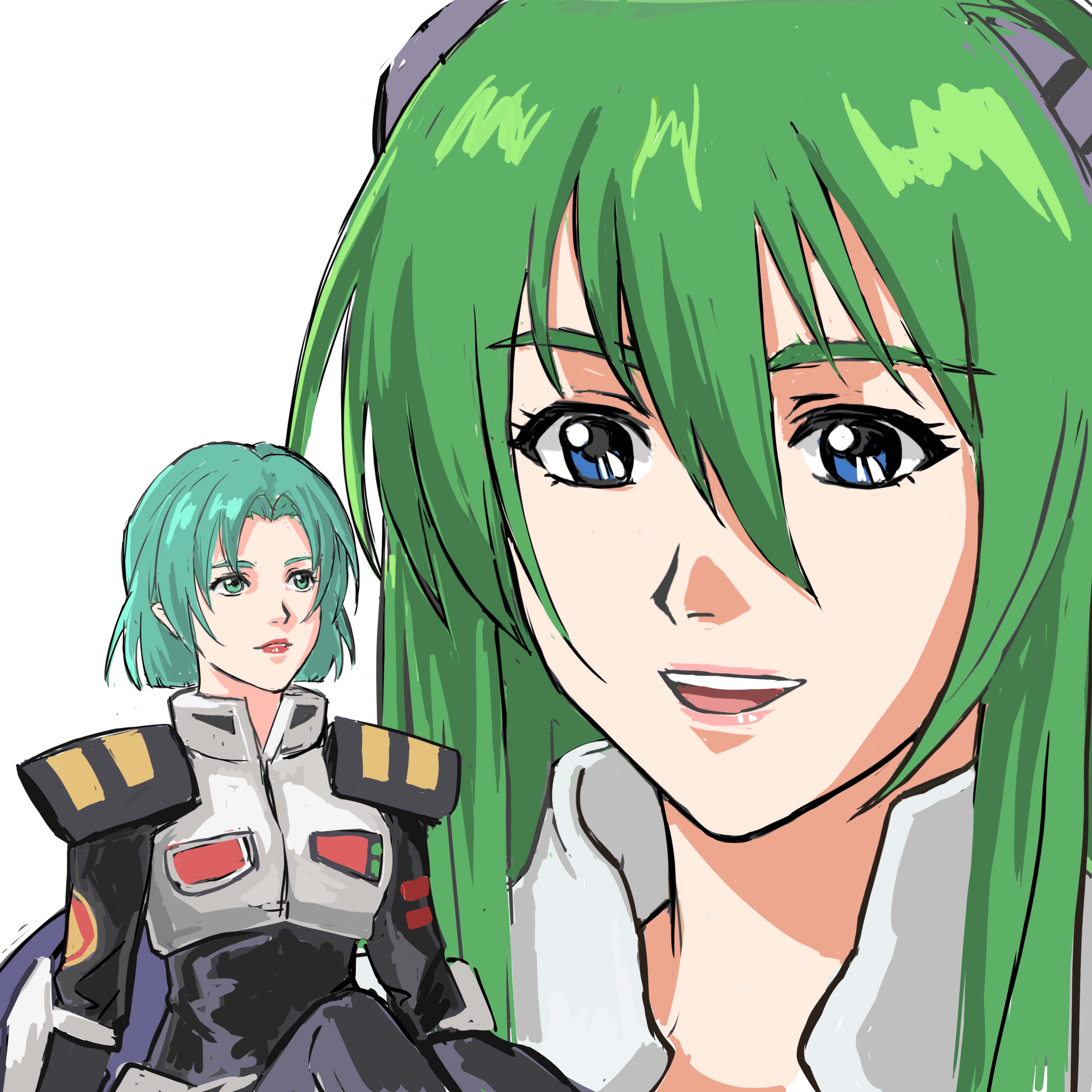 2girls absurdres blue_eyes emilia_jenius giant giantess green_hair headgear highres komillia_maria_jenius maclone macross macross_2036 macross_7 macross_7:_the_galaxy_is_calling_me mecha_pilot_suit meltrandi military military_uniform multiple_girls nekkikamille open_mouth pilot_suit roundel science_fiction siblings sisters sketch spacesuit u.n._spacy upper_body