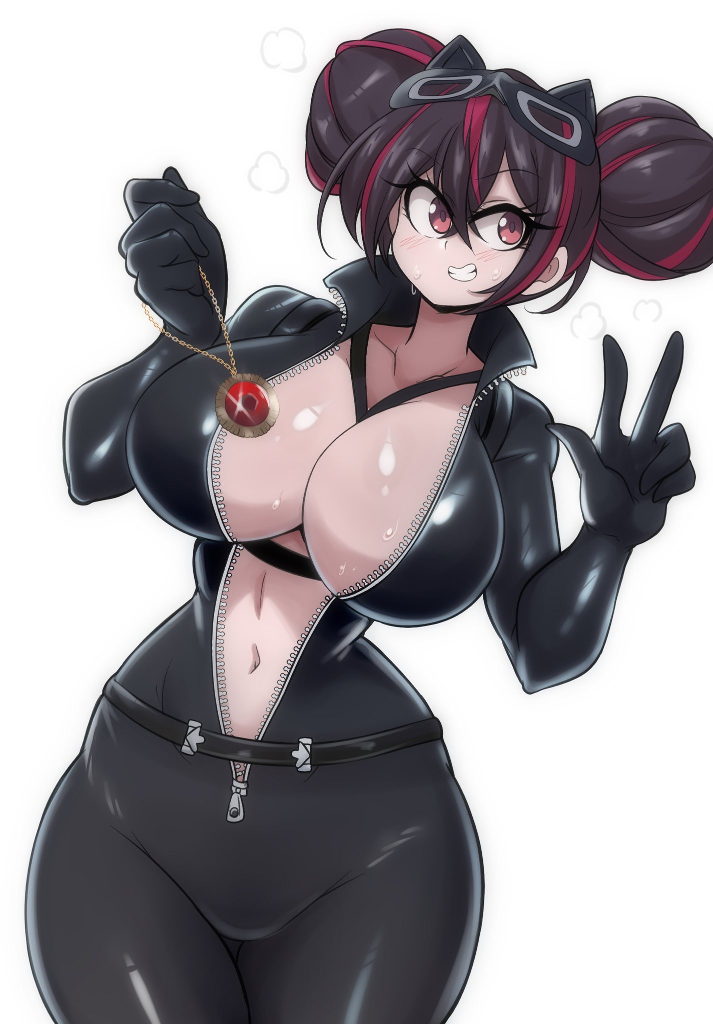 1girl black_bodysuit blush bodysuit breasts catsuit center_opening cleavage curvy domino_mask double-parted_bangs double_bun eye_mask gloves goddess_of_victory:_nikke grin hair_between_eyes hair_bun hand_up high_heels highres huge_breasts jewelry looking_at_viewer lucyfer mask mask_on_head multicolored_hair naughty_face navel official_alternate_costume open_bodysuit open_clothes pendant purple_hair quency_(escape_queen)_(nikke) quency_(nikke) red_eyes revealing_clothes shiny_clothes shiny_skin skin_tight smile solo stomach streaked_hair sweat thighs two-tone_hair unzipped v white_background wide_hips