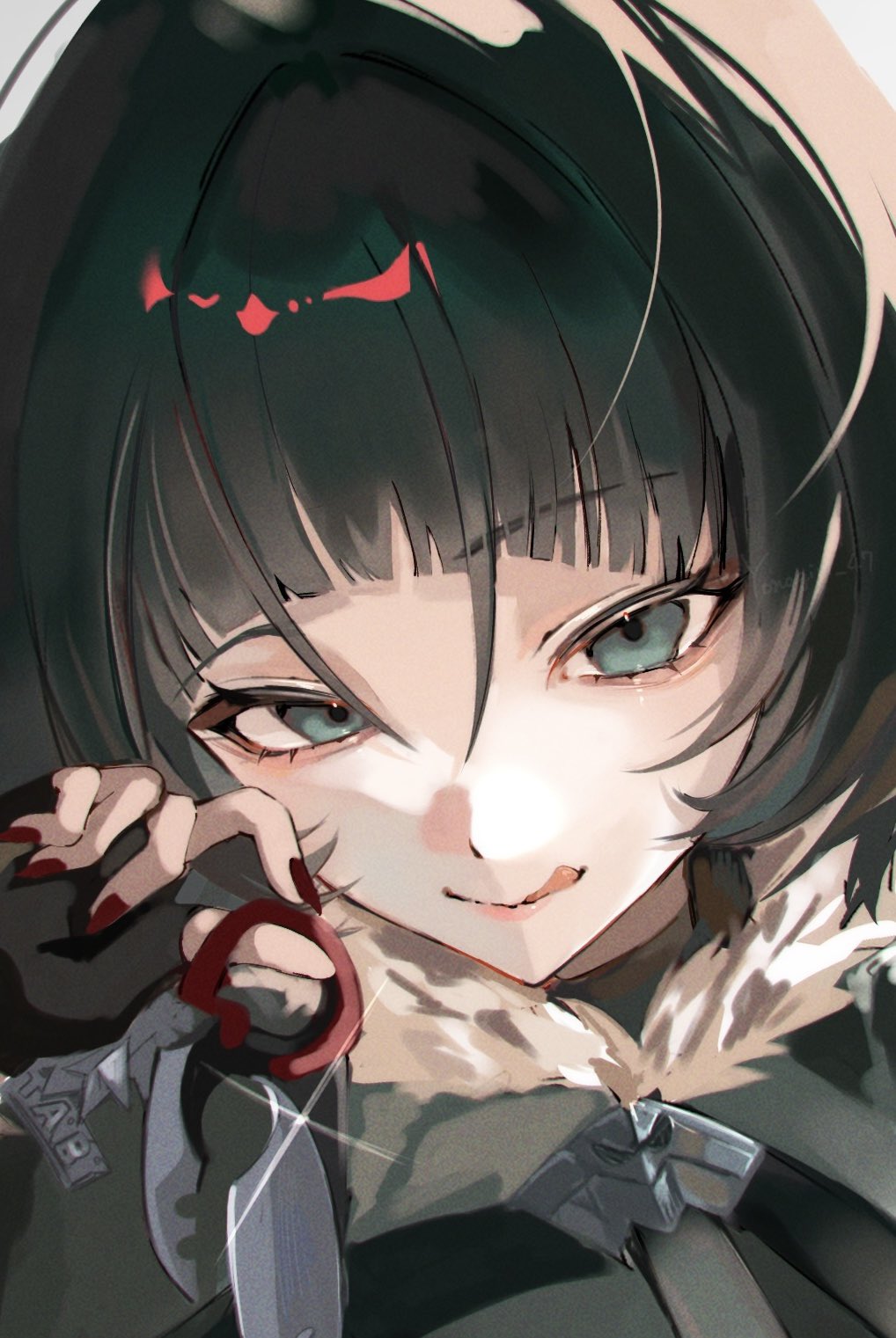 1girl animal_ears black_gloves black_hair blue_eyes commentary_request fingerless_gloves fur-trimmed_jacket fur_trim gloves grey_background grey_jacket hair_intakes highres holding holding_knife jacket jane_doe_(zenless_zone_zero) knife licking_lips looking_at_viewer mouse_ears mouse_girl persona persona_3 persona_3_portable red_nails solo sparkle tongue tongue_out yonagiri_47 zenless_zone_zero