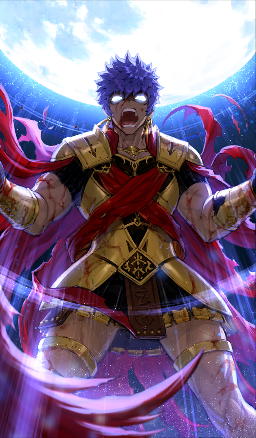 1boy armor blank_eyes blood blood_on_arm blood_on_clothes blood_on_face blood_on_leg bracer caligula_(fate) cape commentary cowboy_shot fate/grand_order fate_(series) full_moon glowing glowing_eyes gold_armor gold_bracer male_focus moon nero_matsuri night night_sky official_art open_mouth purple_hair red_cape routo short_hair shouting sky solo teeth third-party_source white_eyes
