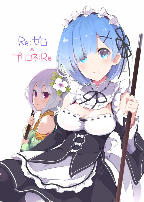 2girls bare_shoulders black_dress black_ribbon blue_eyes blue_hair bob_cut breasts broom cleavage cleavage_cutout clothing_cutout commentary copyright_name cowboy_shot dress elf flower flower_knot grey_hair hair_ornament hair_ribbon holding holding_broom ito_ryo kokkoro_(princess_connect!) large_breasts looking_at_viewer maid maid_headdress multiple_girls pantyhose pointy_ears princess_connect! re:zero_kara_hajimeru_isekai_seikatsu rem_(re:zero) ribbon short_hair sidelocks simple_background sleeveless sleeveless_dress smile white_background white_flower white_pantyhose x_hair_ornament