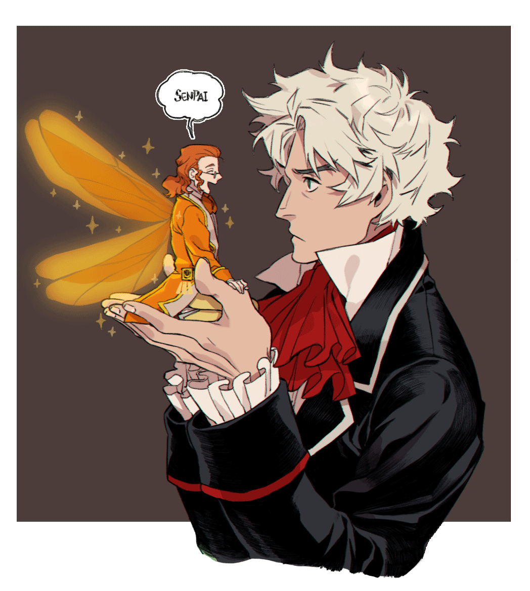 2boys ascot black_jacket border brown_hair classicaloid closed_mouth coat fairy_wings fingernails franz_schubert_(classicaloid) glasses grey_background holding holding_mini_person jacket long_sleeves ludwig_van_beethoven_(classicaloid) male_focus mini_person miniboy multiple_boys orange_coat red_ascot romaji_text sf_jd short_hair sparkle speech_bubble white_border white_hair wings