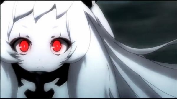 10s airfield_princess anime_screenshot glowing glowing_eyes kantai_collection non-web_source pale_skin red_eyes solo storm_cloud stormy_waters white_hair