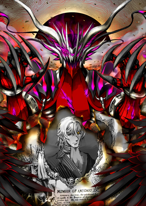 1boy antonio_salieri_(fate) antonio_salieri_(second_ascension)_(fate) antonio_salieri_(third_ascension)_(fate) black_claws burned_paper claws english_text fate/grand_order fate_(series) hands_up looking_at_viewer male_focus monster_boy official_art open_mouth paper pfalz portrait_(object) solo straight-on third-party_source torn_paper upper_body