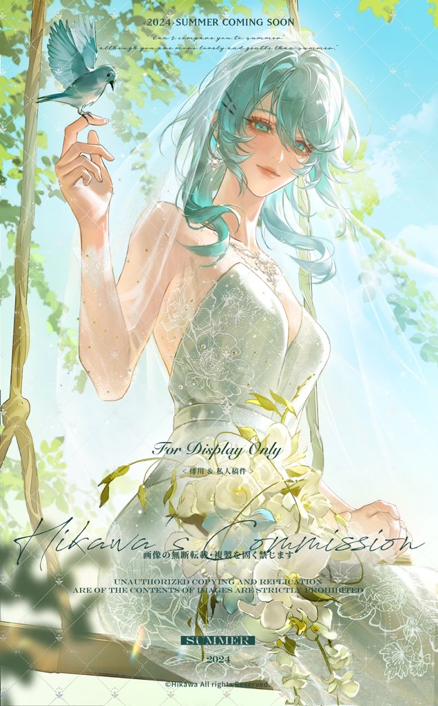 1girl bare_shoulders bird bird_on_hand breasts bridal_veil bride cleavage dress earrings feichuan02 flower from_below hair_between_eyes jewelry long_hair looking_at_viewer nightingale_(path_to_nowhere) on_swing outdoors path_to_nowhere smile solo swing veil wedding_dress