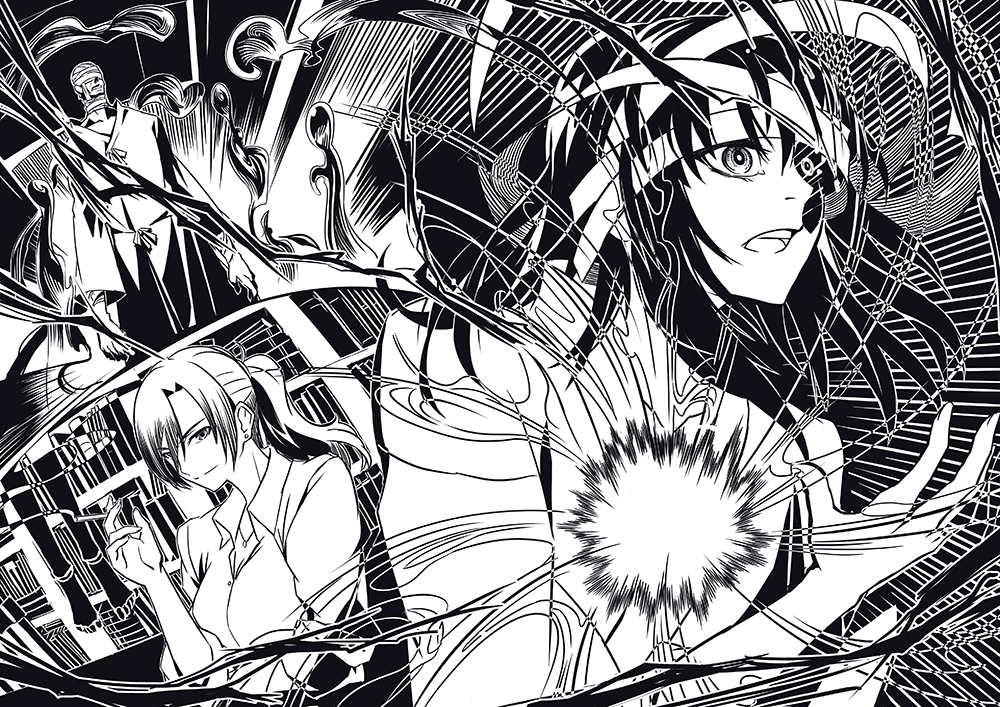 1boy 2girls aozaki_touko bandages greyscale kara_no_kyoukai kokutou_mikiya long_hair monochrome multiple_girls ryougi_shiki todee zombie