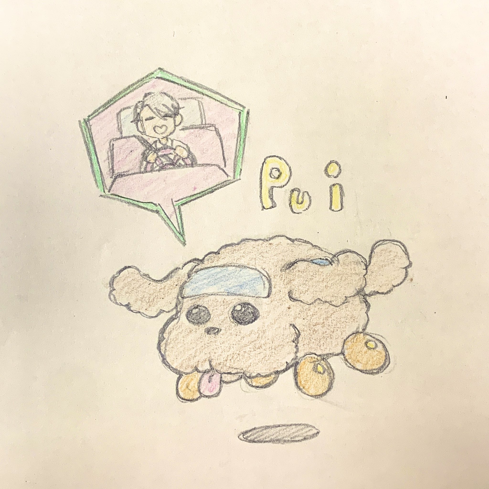 1boy colored_pencil_(medium) dog driving graphite_(medium) heart-shaped_mouth highres itou_noriko makkachin male_focus open_mouth pui_pui_molcar silver_hair smile steering_wheel traditional_media viktor_nikiforov yuri!!!_on_ice